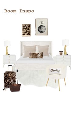 the room is decorated in leopard print and white, including a bed with two nightstands