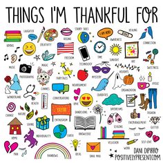 a poster with the words things i'm grateful for in different languages and colors