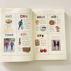 an open book with pictures of people and food on the pages that are labeled in english