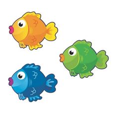 three different colored fish on a white background