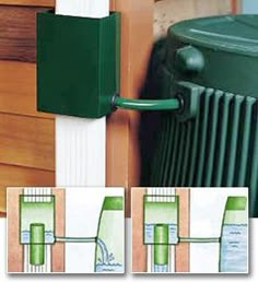 an image of a green heater attached to the side of a wooden building with pictures of it