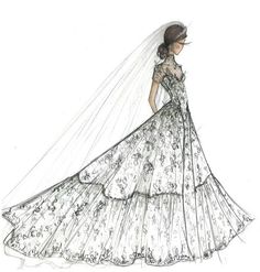 a drawing of a woman in a wedding dress with a veil and flowers on it