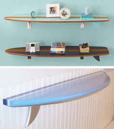 there are two shelves that have surfboards on them, and one has a blue light under the shelf