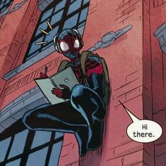 a spider - man reading a comic book on the side of a building with a speech bubble saying, hi there