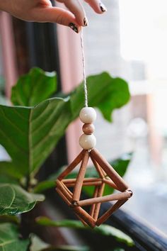 a hand holding a wooden ornament hanging from a plant