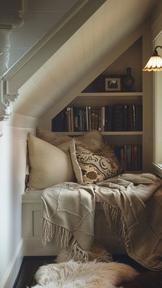 a dog laying on the floor in front of a book shelf with pillows and blankets