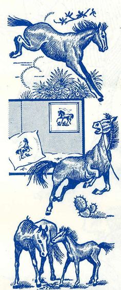 blue ink drawing of horses and jockeys