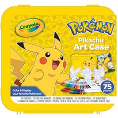 the pokemon pikachu art case is yellow and has various colored pencils in it