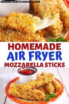 homemade air fryer mozzarella sticks with sauce on the side and in front