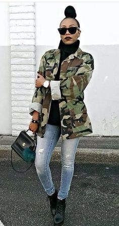 African American Women Fashion, Winter Outfits Black Women, Winter Outfits Black, Winter Fashion Ideas, Outfits Black Women, African American Fashion, Camo Fashion, Looks Street Style, Camo Jacket