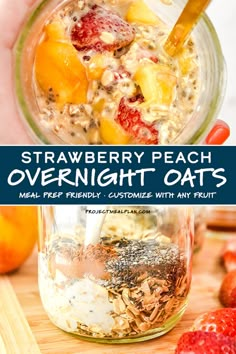 strawberry peach overnight oatmeal in a mason jar