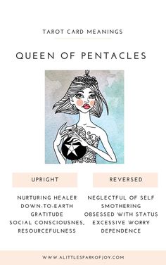 the tarot card meanings for queen of pentacles is shown in this image