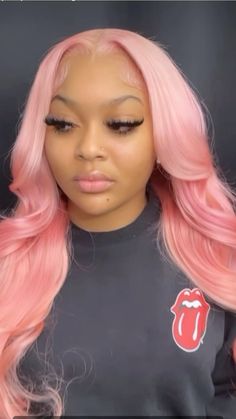 Wig Hairstyles With Color, Middle Part Colored Wig, Pink Hair Outfit Black Women, 613 Curly Wig Black Women, Pink Wig Hairstyles For Black Women, Pink Wig Outfit Ideas, Middle Part Pink Wig, Pink Lace Front Wigs Black Women, Light Pink Wigs For Black Women