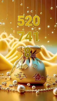 a gold bag with pearls hanging from it's sides and the number twenty seven