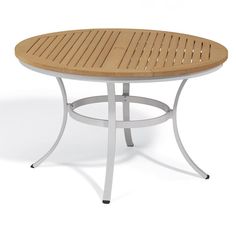 an outdoor table with wooden slatted top and metal frame, on a white background