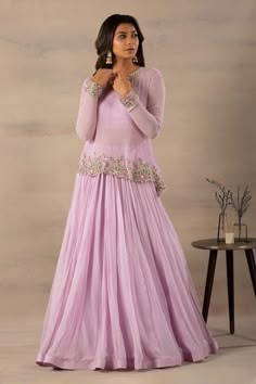 Buy Purple Chiffon Round Asymmetric Top And Lehenga Set For Women by Anupraas by Nishant and Rahul Online at Aza Fashions. Kurta And Lehenga, Top And Lehenga, Indian Wedding Gowns, Function Dresses, Western Dresses For Women, Anarkali Dress Pattern, Long Frock, Gaun Fashion, Asymmetric Top