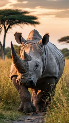 a rhinoceros is walking in the grass with its head turned towards the camera