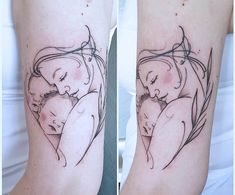 two pictures of people with tattoos on their legs, one is holding the other's head