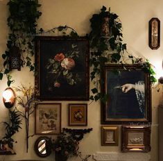 there are many framed pictures on the wall with plants growing up it's side