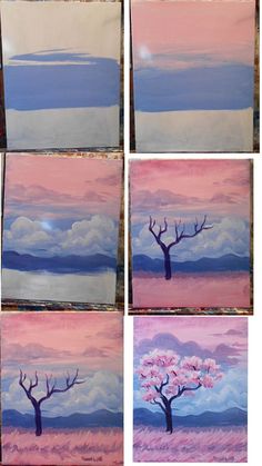 six paintings of trees with pink and blue sky in the background, all painted by hand