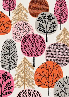 an illustration of trees with different colors and sizes on them, all in the same pattern