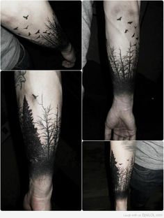 some tattoos on someone's arm that are black and white, with trees in the middle