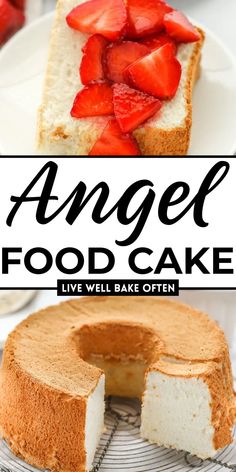 an angel food cake with strawberries on top and the words angel food cake above it