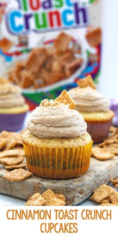 cinnamon toast crunch cupcakes on a cutting board with crackers and a bag of cereal in the background