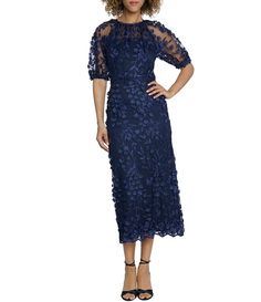 Maggy London Illusion Puff Short Sleeve Crew Neck Embroidered 3D Petal Applique Mesh MIdi Sheath Dress | Dillard's Jacket Over Dress, Hawaiian Dresses, Formal Wedding Guest Dress, Formal Dresses With Sleeves, Mother Of Groom Dresses, Maggy London Dresses, Dress Attire, Bride Groom Dress, Mob Dresses