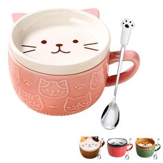 a cat mug with spoons and cups next to it on a white background in different colors