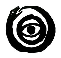 a black and white drawing of an eye in the center of a spiral shape with a snake on it's side