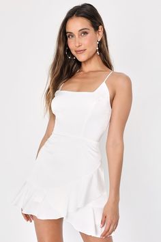 Romantic Angel White Satin Square Neck Ruffled Mini Dress Mini Dress Satin, White Satin Dress, Ruffled Mini Dress, What Is Trending Now, Azazie Dresses, Lulu Fashion, Square Neck Dress, Adhesive Bra, Grad Dresses