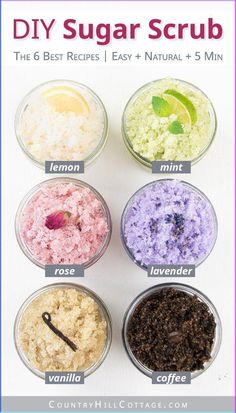 Learn how to make the best sugar scrub recipes for glowing skin! Included are 6 easy variations for lavender, rose, lemon, vanilla, mint and coffee. Sugar Wax Recipe Diy, Sugar Wax Recipe, Lip Scrub Recipe, Easy Diy Costumes, Hair Scrub