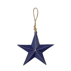 a blue star ornament hanging from a rope