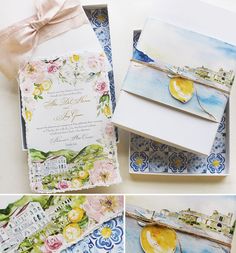 the wedding stationery is decorated with watercolors and handmade cards, along with matching envelopes