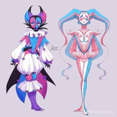 two different colored costumes are shown side by side, one in pink and the other in blue