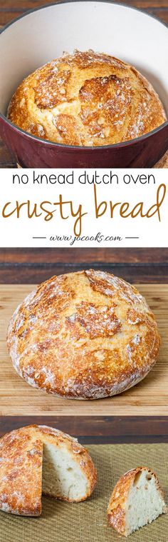 an image of bread in a pan with the words, no knead dutch oven crusty bread