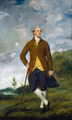 an oil painting of a man in a brown coat and white socks holding a cane