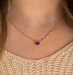 *Necklace currently available via special order, please contact us to order. Isn't she lovely 😊...we think so! A delicious red ruby necklace with the perfect amount of sparkle to bring out a warm smile. The necklace is fully adjustable which allows for easy positioning anywhere along the neckline. Crafted in 14k rose gold 0.73 ct. oval ruby 0.24 cttw. diamond accents 18" chain length Red Ruby Necklace Gold, Ruby Chain With Pendant, Ruby Jewelry Necklaces Indian, Ruby Jewelry Necklaces Gold, Red Ruby Necklace, Ruby Necklace Designs, Delicate Diamond Necklace, Ruby Chain, Ruby Diamond Necklace