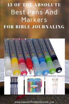 the best pens and markers for bible journaling are on display in front of an open book