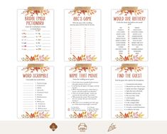 the printable fall themed wedding game is shown in four different colors and font options