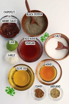 the ingredients to make homemade chili sauce are shown in bowls and labeled with their names