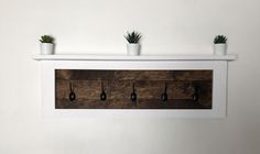 three potted plants sitting on top of a wooden shelf with hooks attached to it