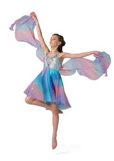 a woman in a blue and pink dress is dancing