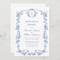 an elegant blue and white wedding reception card