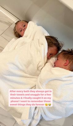 three children wrapped up in blankets and smiling at the camera, with text reading after every bath they always get in minutes a finally