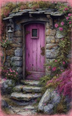 a painting of a pink door in a stone building with steps leading up to it