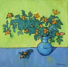 a painting of a blue vase with orange flowers in it on a yellow and blue background