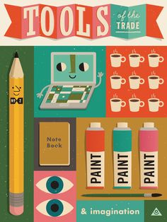 a poster with various items on it including pencils, books and coffee mugs