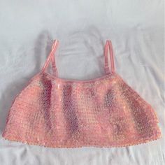 Nwt Sequin Bralette Light Pink Sequin, Matching Elastic Band In Back Beach Season Party Tank Top, Party Cami Tops For Beach Season, Summer Party Bra With Spaghetti Straps, Summer Party Tank Top, Bra-friendly, Summer Party Tank Top, Bra Friendly, Summer Party Tank Top Bra Friendly, Fitted Tank Top For Beach Party, Fitted Pink Crop Top From Urban Outfitters, Beach Party Crop Top